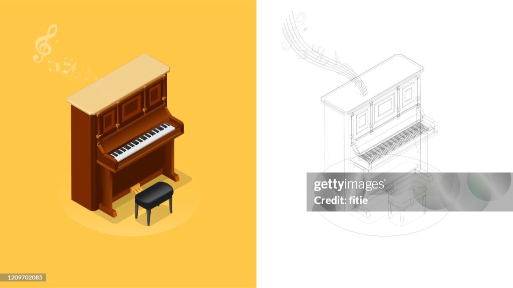 Illustrazione isometrica realistica del pianoforte verticale vintage