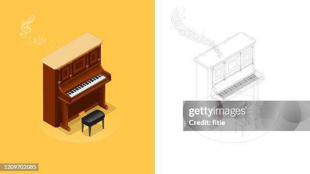 stockillustraties, clipart, cartoons en iconen met realistische isometrische illustratie van uitstekende rechte piano - acoustische muziek