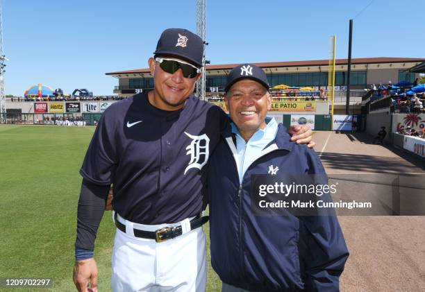 Miguel Cabrera of the Detroit Tigers poses for a photo with Baseball Hall-of-Famer and former New York Yankees outfielder Reggie Jackson prior to the...