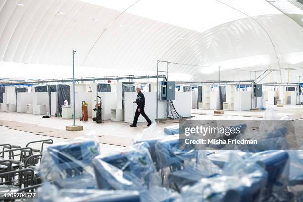 Ongoing construction of New York-Presbyterian's Northern Manhattan Field Hospital at Columbia University's Baker Athletic Complex on April 11, 2020...