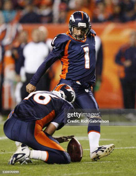 Denver Broncos kicker Jason Elam kicks a field goal. The Denver Broncos defeated the Oakland Raiders by a score of 13 to 3 at Invesco Field at Mile...