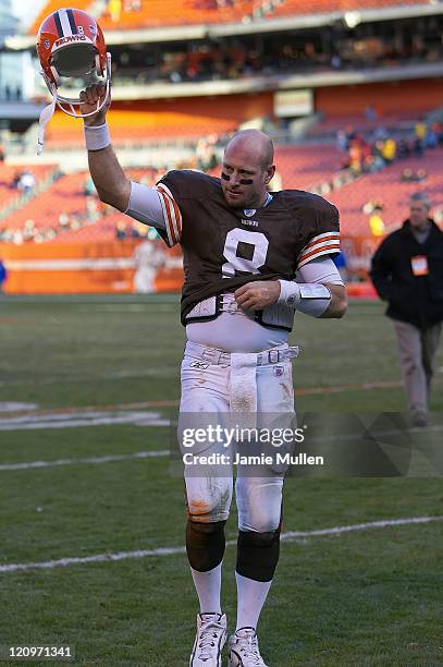 Cleveland Browns Quarterback, Trent Dilfer, leaves the field victorious after the game against the Miami Dolphins, Sunday November 20, 2005 at...