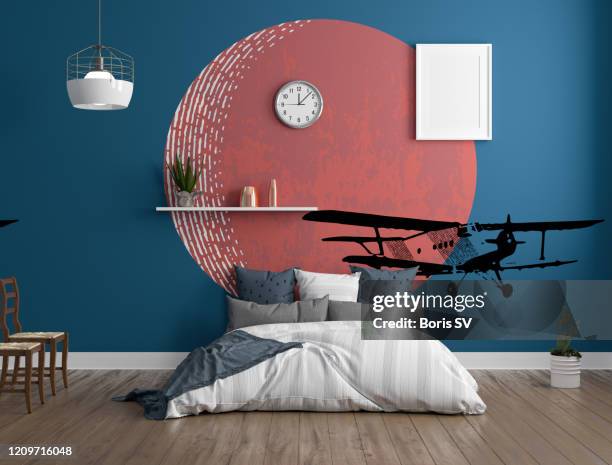 interior of modern bedroom with wall theme - navy blue interior stock pictures, royalty-free photos & images