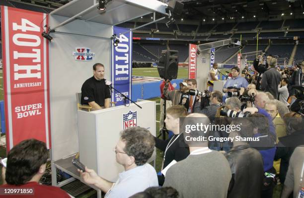 Head Coach Bill Cowher speaks at Pittsburgh Steelers media day for Super Bowl XL at Ford Field in Detroit, Michigan on January 31, 2006.