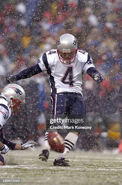 New England Patriots kicker Adam Vinatieri makes an extra point during a game against the Buffalo Bills at Ralph Wilson Stadium in Orchard Park, New...