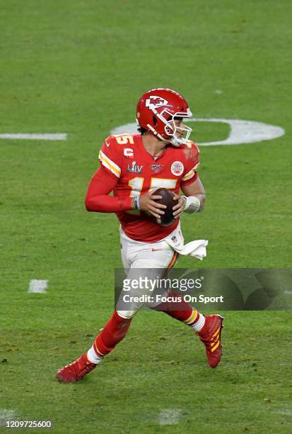 Patrick Mahomes of the Kansas City Chiefs drops back to pass against the San Francisco 49ers in Super Bowl LIV at Hard Rock Stadium on February 02,...