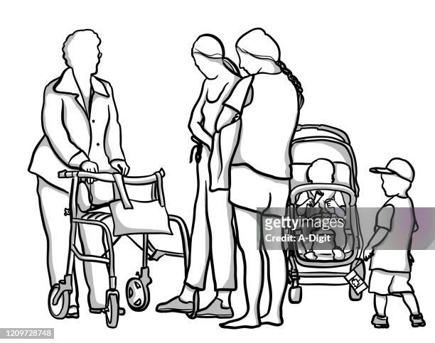 senior with walker - multi generation family stock illustrations