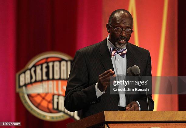 Tom "Satch" Sanders speaks during the Basketball Hall of Fame Enshrinement Ceremony at Symphony Hall on August 12, 2011 in Springfield, Massachusetts.