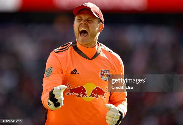 David Jensen of New York Red Bulls celebrates a goal by teammate Daniel Royer in the second half to win the game over FC Cincinnati at Red Bull Arena...