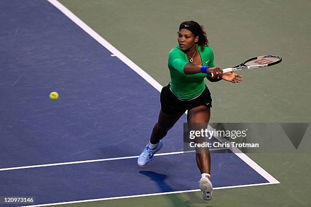 Serena Williams returns a shot to Lucie Safarova of Czech Republic on Day 5 of the Rogers Cup presented by National Bank at the Rexall Centre on...