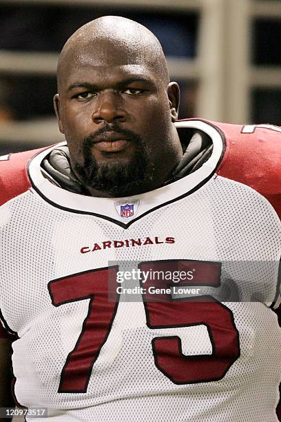 Arizona Cardinals lineman Leonard Davis on the sideline during a game against the Vikings on November 26, 2006 at the Metrodome in Minnesota. The...