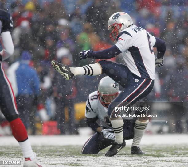 New England Patroits Adam Vinatieri kicks the point after during the game against the Buffalo Bills at Ralph Wilson Stadium in Orchard Park, New York...