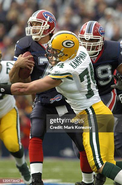 Buffalo Bills quarterback JP Losman is sacked by Green Bay Packers defensive tackle Ryan Pickett at Ralph Wilson Stadium in Orchard Park, New York,...