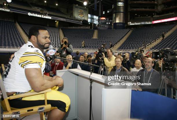 Jerome Bettis speaks at Pittsburgh Steelers media day for Super Bowl XL at Ford Field in Detroit, Michigan on January 31, 2006.