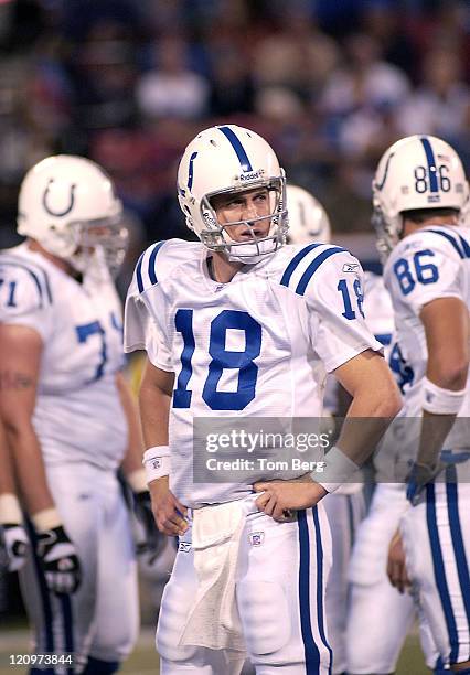 Indianapolis Colts quarterback Peyton Manning looking to the sidelines for a signal during the Indianapolis Colts vs New York Giants game on...