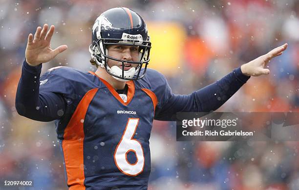 Denver Broncos quarterback Jay Cutler in action during the game between the Bengals and the Denver Broncos played at Invesco Field at Mile High in...