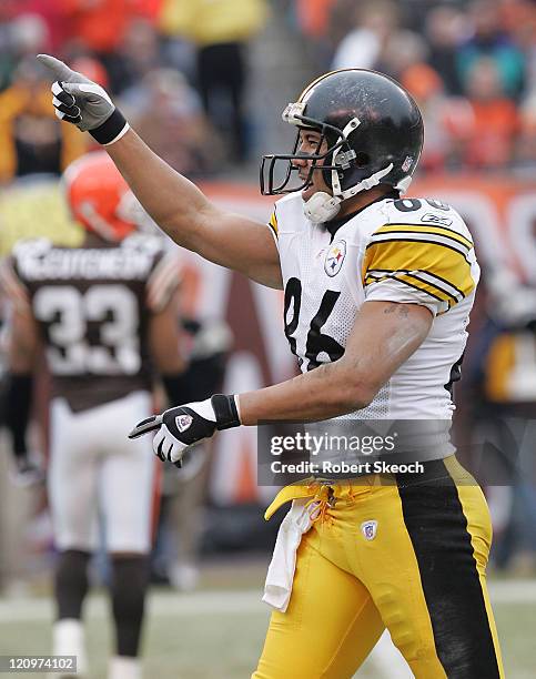 Pittsburgh Steelers receiver Hines Ward celebrates a Steelers first down during the game against the Cleveland Browns at Cleveland Browns Stadium in...