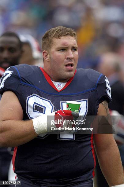 Buffalo Bills defensive lineman Justin Bannan on the sideline during a game against against the Miami Dolphins at Ralph Wilson Stadium in Orchard...
