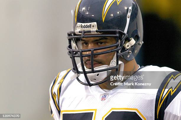 San Diego Chargers linebacker Shawne Merriman enters the stadium prior to a game against the Buffalo Bills at Ralph Wilson Stadium in Orchard Park,...