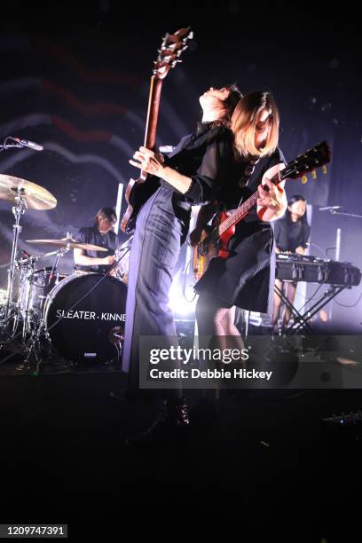 Carrie Brownstein and Corin Tucker of Sleater-Kinney perform at Vicar Street on March 01, 2020 in Dublin, Ireland.