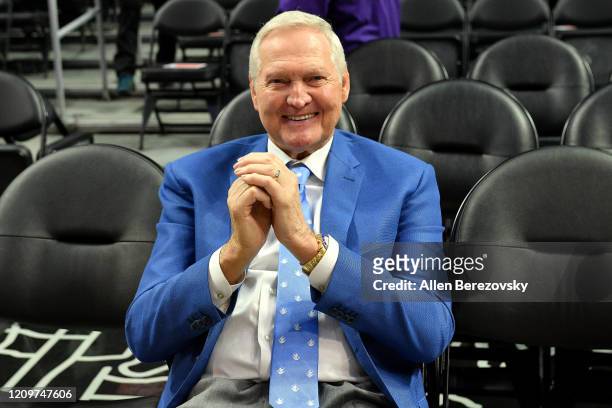 Jerry West attends a basketball game between the Los Angeles Clippers and the Philadelphia 76ers at Staples Center on March 01, 2020 in Los Angeles,...