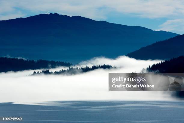 a mountain forms the backdrop as trees peak out from the fog and morning mist at lake whatcom in bellingham washington - lake whatcom foto e immagini stock