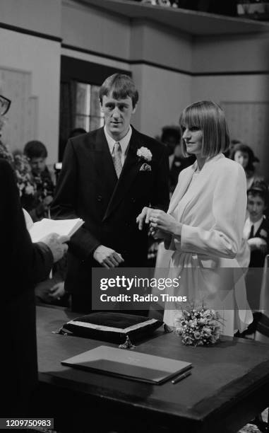 Actors Nicholas Lyndhurst and Gwyneth Strong in a scene from episode 'Little Problems' of the BBC television series 'Only Fools and Horses', February...