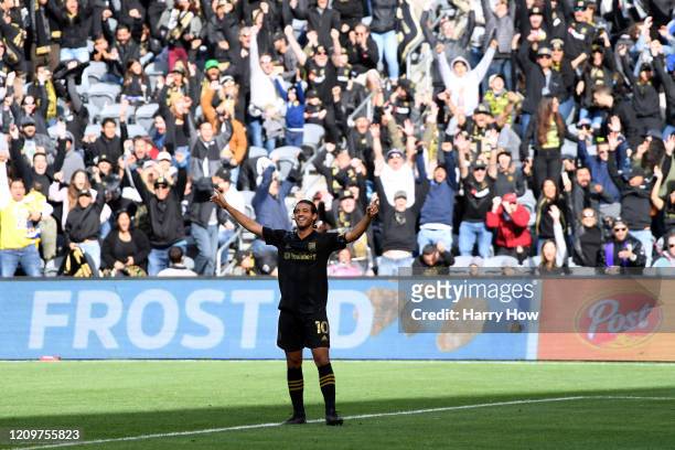 Carlos Vela of Los Angeles FC celebrates his goal against Inter Miami CF, to take a 1-1 lead, during the first half at Banc of California Stadium on...