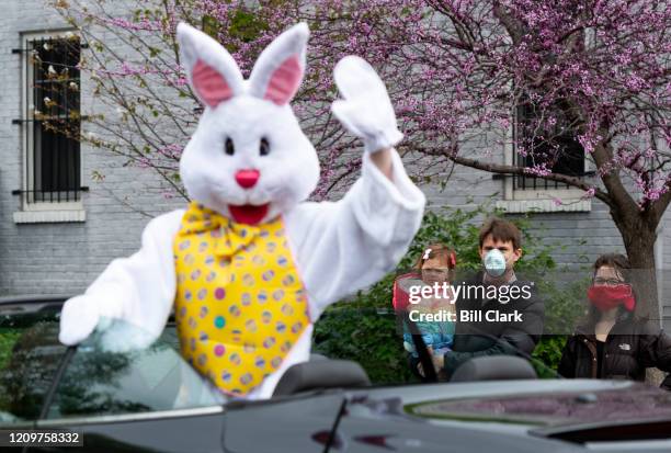 Richard Lukas dressed as the Easter Bunny waves to families as he rides in his convertible around his Capitol Hill neighborhood to give the local...