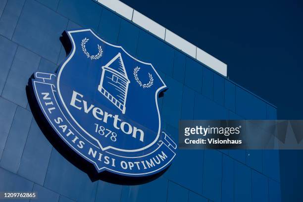 The Everton club crest on the outside of the stadium before the Premier League match between Everton FC and Manchester United at Goodison Park on...