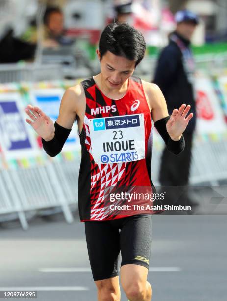 Hiroto Inoue finishes the Men's event during the Tokyo Marathon on March 1, 2020 in Tokyo, Japan.