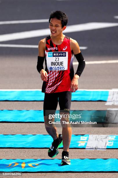 Hiroto Inoue finishes the Men's event during the Tokyo Marathon on March 1, 2020 in Tokyo, Japan.