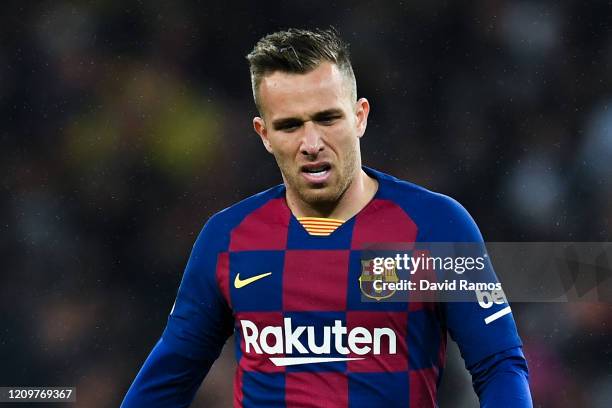Arthur Melo of FC Barcelona looks on during the Liga match between Real Madrid CF and FC Barcelona at Estadio Santiago Bernabeu on March 01, 2020 in...