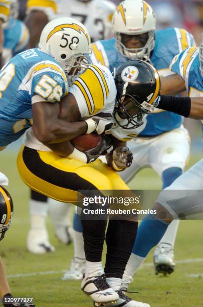 Linebacker Randall Godfrey of the San Diego Chargers makes a tackle in a 23 to 13 win over the Pittsburgh Steelers on October 8, 2006 at Qualcomm...