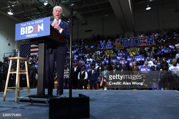 Democratic presidential candidate former Vice President Joe Biden speaks during a campaign event at Booker T. Washington High School March 1, 2020 in...