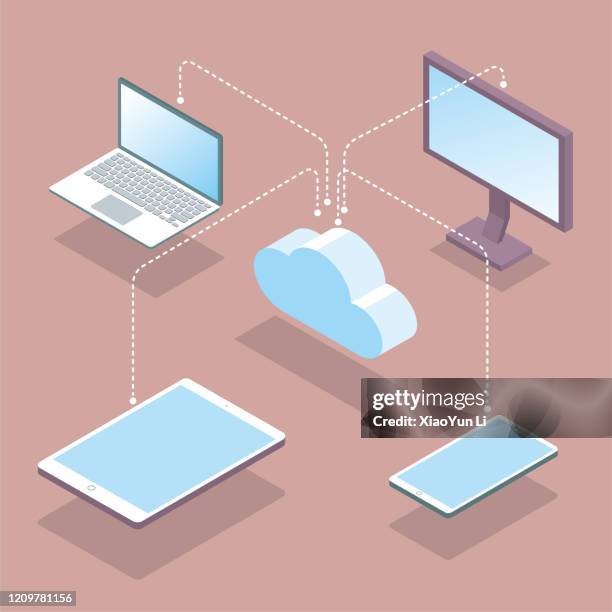 cloud computing konzeptdesign. der hintergrund ist braun. - tablet 3d stock-grafiken, -clipart, -cartoons und -symbole