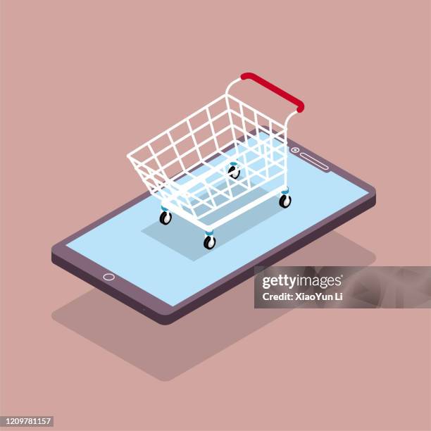 online-shopping-konzept-design, warenkorb im handy. der hintergrund ist braun. - asien mobile phone stock-grafiken, -clipart, -cartoons und -symbole