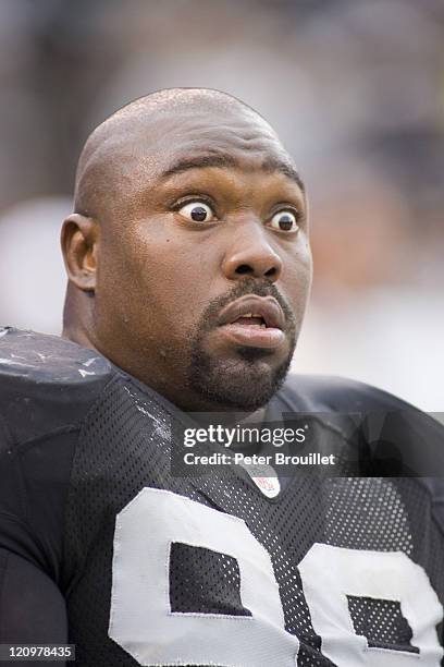 Warren Sapp defensive tackle for the Oakland Raiders looking a little surprised in a game against the Cleveland Browns at McAfee Coliseum in...