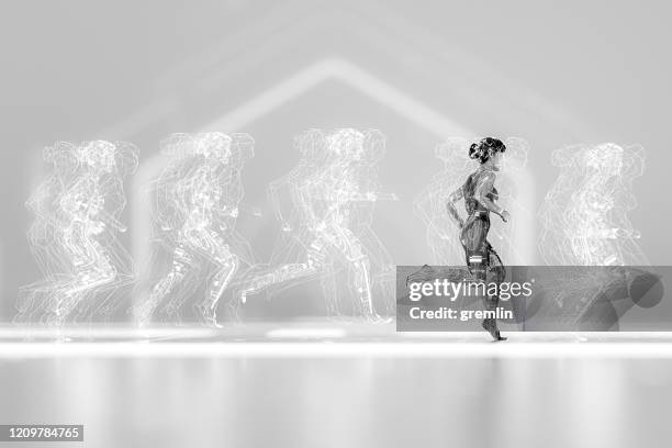 woman running with various data screens - physics stock pictures, royalty-free photos & images