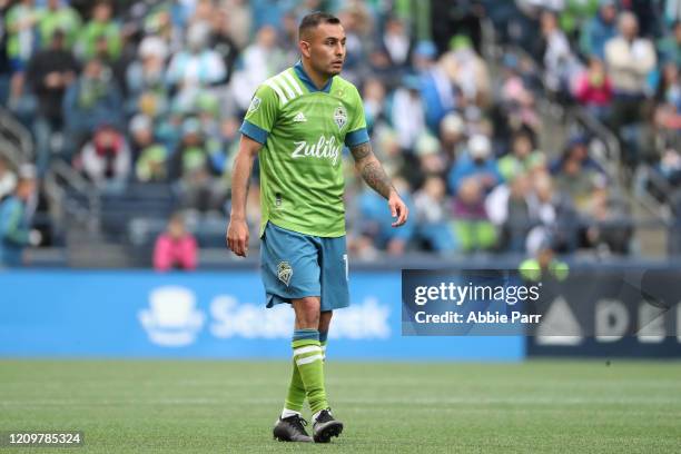 Miguel Ibarra of Seattle Sounders looks on in the first half against the Chicago Fire during their game at CenturyLink Field on March 01, 2020 in...