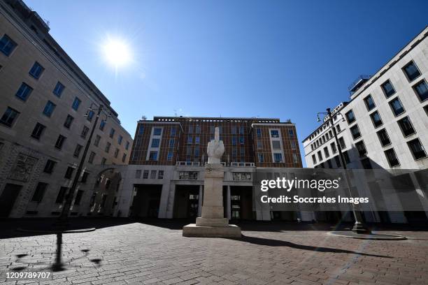 Palazzo Mezzanotte of Borsa in the center of Milan is deserted during Easter day due to the coronavirus lockdown aimed at curbing the spread of the...