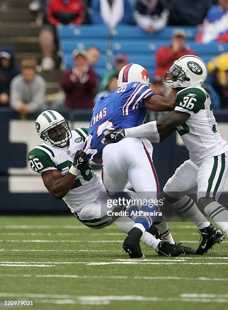 New York Jets Erik Coleman and David Barrett in action during the Jets' 28-20 win over the Bills at Ralph WIlson Stadium, Orchard Park, New York....