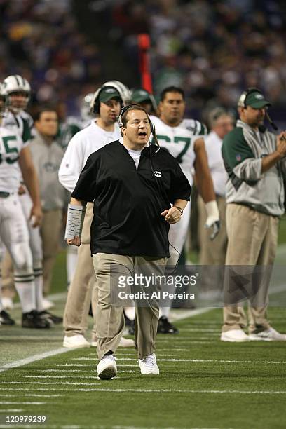 New York Jets Head Coach Eric Mangini in action during the New York Jets 26-13 victory over the Minnesota VIkings at the HHH Metrodome, Minneapolis,...