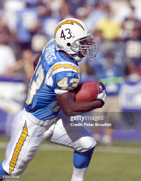 Darren Sproles running back for the San Diego Chargers runs back the opening kickoff in a game against the Buffalo Bills at Qualcomm Stadium in San...