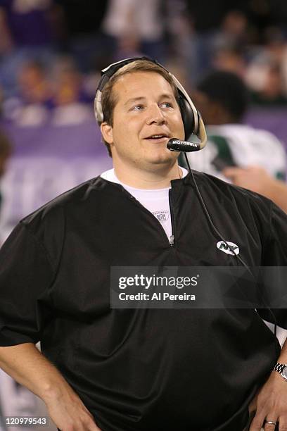 New York Jets Head Coach Eric Mangini in action during the New York Jets 26-13 victory over the Minnesota VIkings at the HHH Metrodome, Minneapolis,...