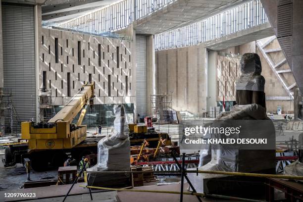 Picture taken on April 13, 2020 shows the construction work at the entrance of the the Grand Egyptian Museum , which is set to be completed this...