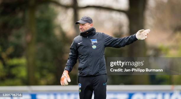 Goalkeeper trainer Zsolt Petry of Hertha BSC during the training session at Schenkendorfplatz on April 13, 2020 in Berlin, Germany.