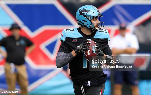 Landry Jones of the Dallas Renegades looks to pass against the Houston Roughnecks at an XFL football game on March 01, 2020 in Arlington, Texas.