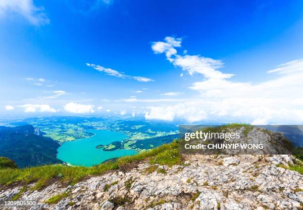 schafberg with lake mondsee, aerial panorama, austrian alps - fuschlsee stock-fotos und bilder