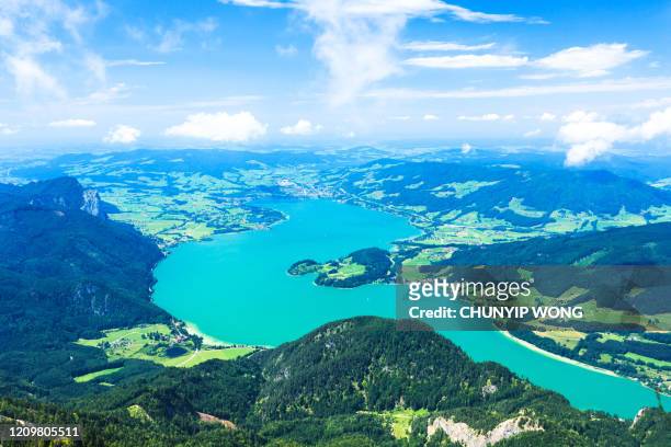 schafberg with lake mondsee, aerial panorama, austrian alps - fuschlsee stock-fotos und bilder